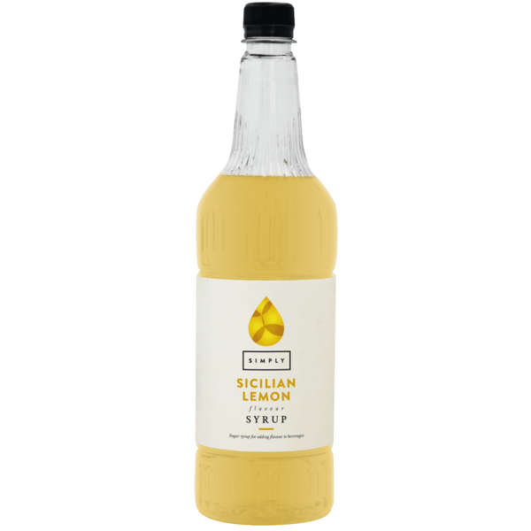 A bottle of Simply Sicilian Lemon Syrup 1 litre with a black cap and a white label, shown on a plain white background.