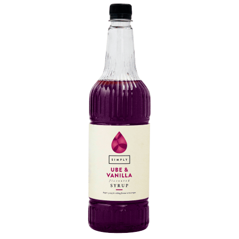A bottle of Simply Ube & Vanilla Syrup 1 litre with a cream-colored label and a black cap, filled with deep purple syrup, shown on a plain white background.