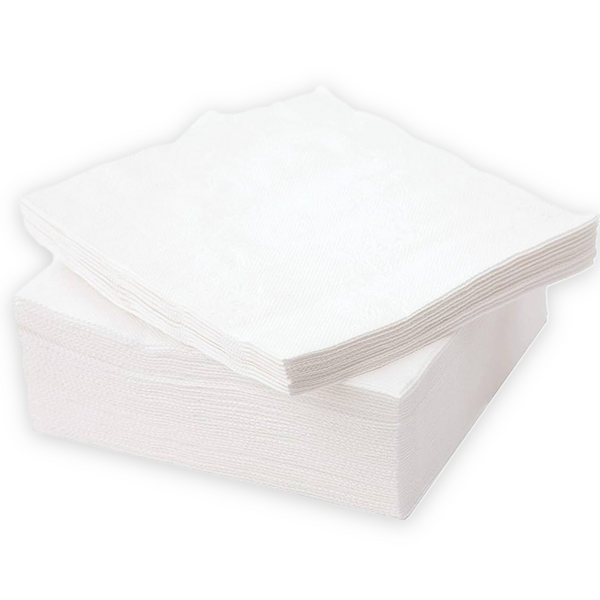 A stack of 300 x 30cm, 1ply- 1/4 fold white square paper napkins with one napkin placed on top, photographed on a clean white background.