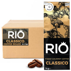 Rio Classico Coffee Beans (4x1kg) Italian Roast. A picture of a case and 1kg bag of Rio Classico Coffee beans on a white background - Discount Coffee