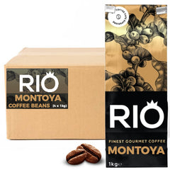 Rio Montoya Coffee Beans (4x1kg). A picture of a case of Rio Montoya next to a 1-kg bag of Rio Montoya Coffee beans on a white background - Discount Coffee