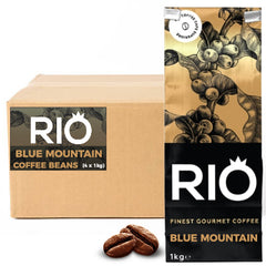 Rio Blue Mountain Coffee Beans Blend (4x1kg). A picture of a box and a bag of Rio Blue Mountain Coffee Beans on a white background | Discount Coffee