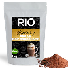Rio Vegan Hot Chocolate Powder (1kg) Rio Vegan Hot Chocolate bag with some Cocoa 33% powder next to it on a white background - Discount Coffee